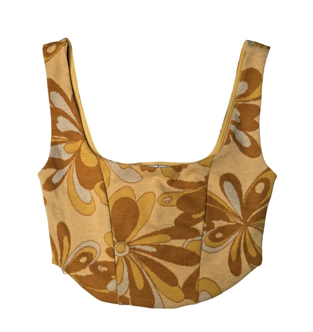 Zara Crop Top Womens Small Floral Knit Brown Yellow Retro Tank Y2K Indie 70s